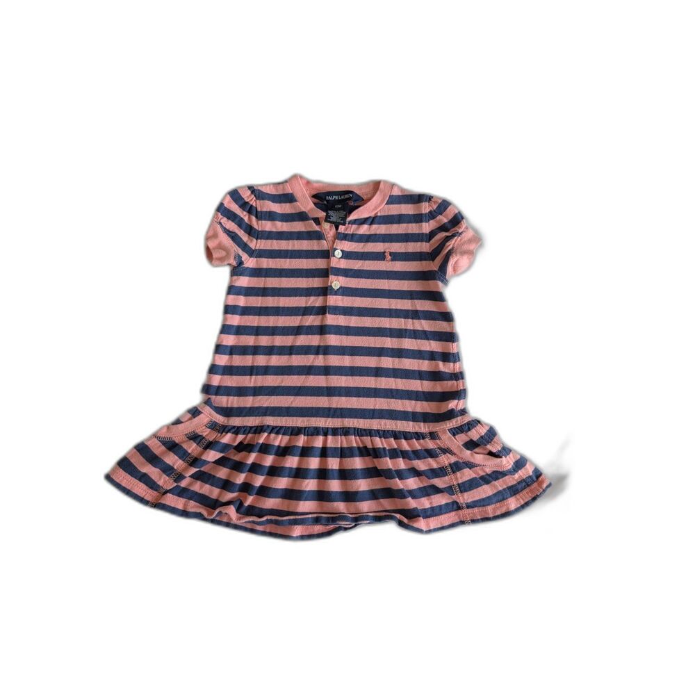 Ralph Lauren Baby Girls 12M Pink Navy Striped Cotton Dress Preppy Nautical